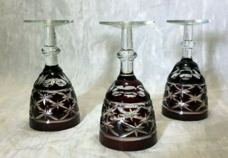 Large Rare Red Cut To Clear Glass Crystal Decanter With 3 Matching Glases 6