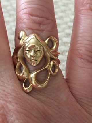 14k Yellow Gold Vintage Art Nouveau Woman Face Ring John David Stanton 8 Grams