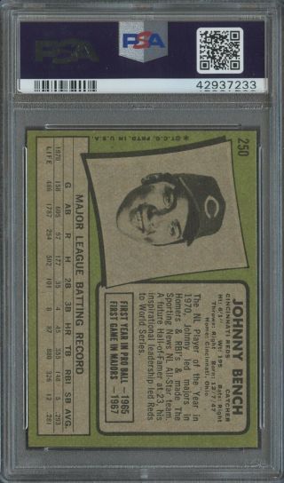 1971 Topps 250 Johnny Bench Reds HOF PSA 9 