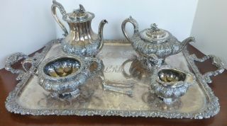 Antique 1828 English 925 Silver Tea Service & Silverplate Tray