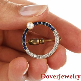 Art Deco Diamond Sapphire Pearl 14k Yellow Gold Round Disk Pin Nr
