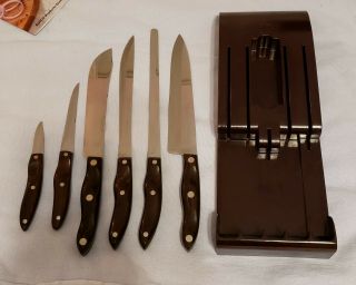 Vtg Cutco 9pc Knife Set 1020 Thru 1028 Brown Handles & Wall Racks