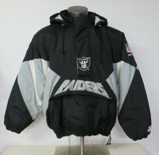 Vintage Starter Oakland La Raiders Nfl Hoodie Jacket Big Pocket Size Xl Nylon