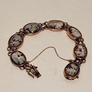 Antique 14k Gold Cameo Bracelet - Scenes - 7 Cameos - 7 Inch - Nr