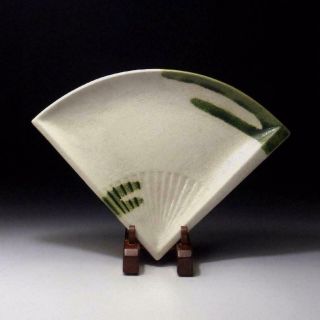 Sn9: Vintage Japanese Pottery Tea Plate Of Oribe Ware,  Tea Ceremony,  Folding Fan