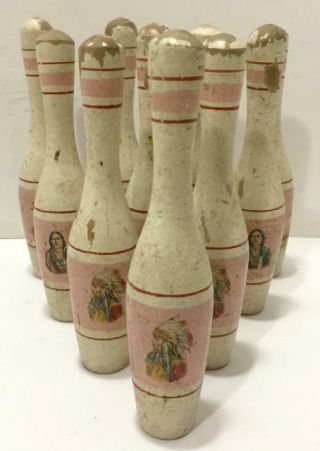 Rare Vtg/antq Set Of 10 Toy Wooden Bowling Pins W/native American/indian Decals
