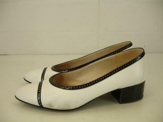 Womens Sz 39 Chanel Black White Leather Spectator Pumps Shoes Low Block Heels