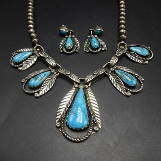 Rare Vintage Carl Luthy Sterling Silver Morenci Turquoise Necklace Earrings Set