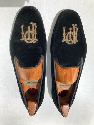 John Lobb Vintage Black Velvet Monogrammed Slipper Shoes Loafer With Orig Box