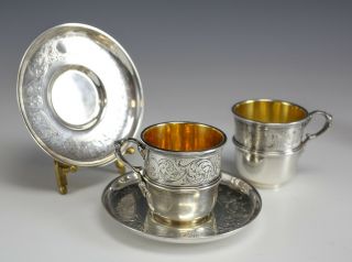 Christofle Pair Silverplate Demitasse Cup And Saucers Gilt Interior Circa 1900