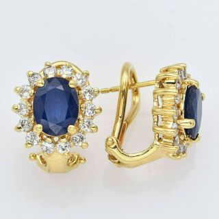 Estate 14k Yellow Gold 3.  00 Tcw Sapphire & 0.  70 Tcw Diamond Omega Back Earrings