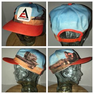 Vtg Allis Chalmers 70s Usa Louisville Mfg Co All Over Graphics Hat Cap Snapback
