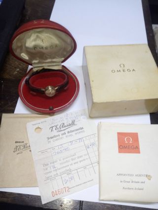 Vintage Omega Ladymatic 9ct Gold Wrist Watch Boxed With Outerbox And Paper