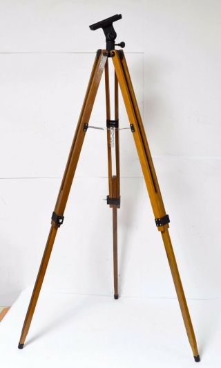 Vtg Wooden & Metal Plate Camera Tripod Adjustable Transit Stand Telescope Mount