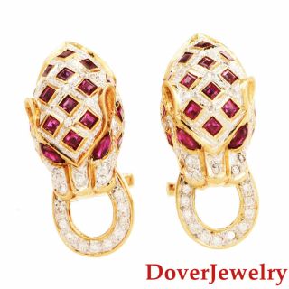 Estate Diamond Ruby 18k Gold Leopard Dangle Earrings 10.  1 Grams Nr