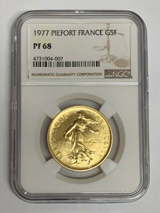 Rare 1977 France Piefort 5 Franc Gold Coin Ngc Pf68
