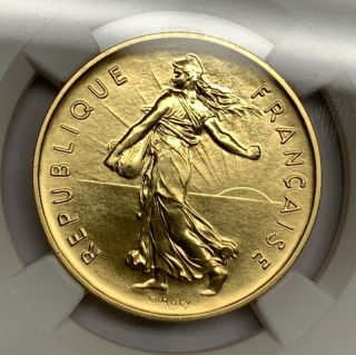 Rare 1977 France Piefort 5 Franc Gold Coin NGC PF68 3