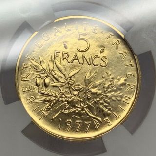 Rare 1977 France Piefort 5 Franc Gold Coin NGC PF68 4