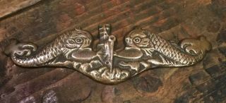 Good Luck Symbol Antique/vintage Bronze / Brass Plaque - Fish And Treasure Ship