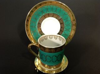 Royal Crown Signed Demitasse Cup And Saucer.  1899.  Hand Painted Green&gold.  Rare