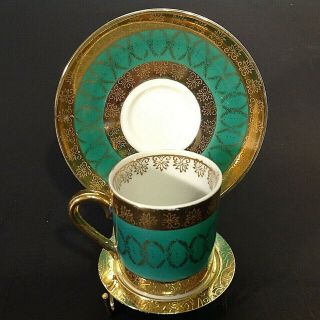 ROYAL CROWN SIGNED DEMITASSE CUP AND SAUCER.  1899.  HAND PAINTED GREEN&GOLD.  RARE 3