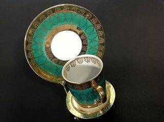 ROYAL CROWN SIGNED DEMITASSE CUP AND SAUCER.  1899.  HAND PAINTED GREEN&GOLD.  RARE 8