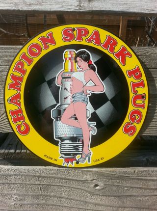 Vintage 1961 Champion Spark Plug Porcelain Sign Gas Station Oil Pump Pin Up Nos