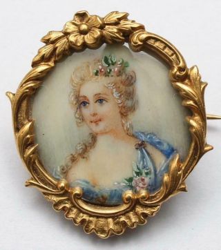 Antique 19thC Young Woman Miniature Portrait Painting 18kt Gold Brooch Pin 3