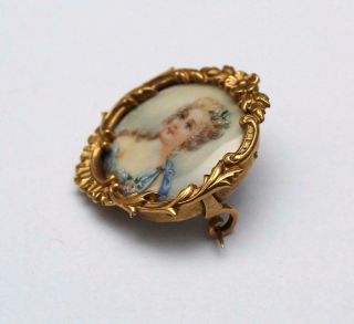 Antique 19thC Young Woman Miniature Portrait Painting 18kt Gold Brooch Pin 4