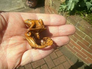 Hand Carved wood netsuke frog upon lotus or toadstool collectable boxwood figure 2