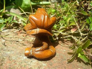 Hand Carved wood netsuke frog upon lotus or toadstool collectable boxwood figure 4