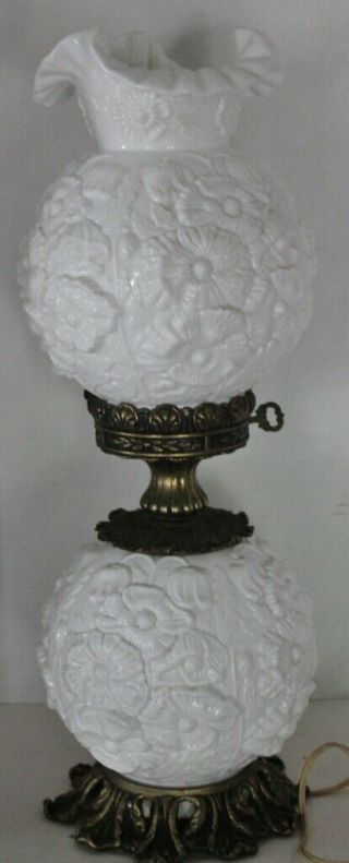 Vtg Fenton White Milk Glass Poppy Double Globe Gone With The Wind Electric Lamp