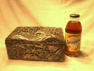 Antique Chinese Large Repousse Silver Box W/sea Dragon Decoration - Signed - B/o