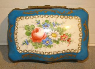 Antique French Porcelain Box W/ Hand Painted Flowers And Gold