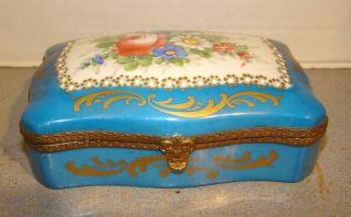 Antique French Porcelain Box w/ Hand Painted Flowers and Gold 2