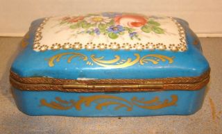 Antique French Porcelain Box w/ Hand Painted Flowers and Gold 3