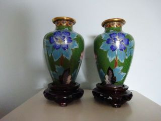 Pair Hand Made Cloisonne Vases With Stands & Box.