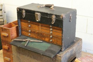 Vintage Industrial H Gerstner & Sons Oak Machinist Tool Cabinet Chest 2