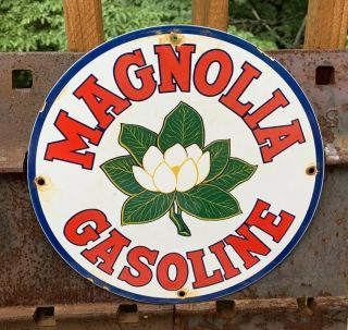 Vintage Magnolia Gas Porcelain Enamel Sign 11 3/4 Gasoline Oil Pump Plate Motors