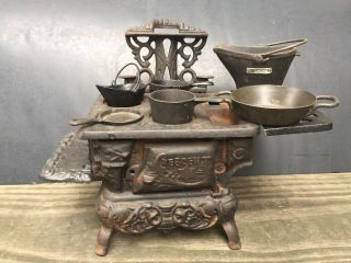 Vintage Antique Toy Crescent Miniature Cast Iron Stove With Accessories