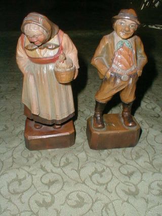 Pair Vintage Wood Carving Figures Statues By Emil Herr Kg,  Man & Woman W Chicken