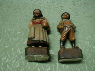 Pair Vintage Wood Carving Figures Statues by Emil Herr KG,  Man & Woman w Chicken 2