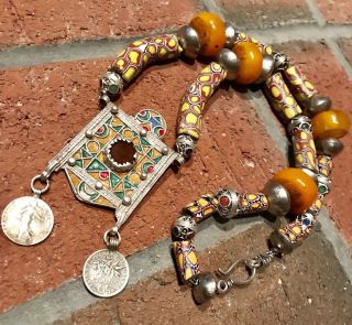 Moroccan Berber Amazigh Tagmoute Hirz Enamel Vintage Silver Millefiori Necklace