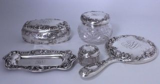 Gorham Dresden Rose Sterling Silver Vanity Set,  Powder Jar,  Box,  Mirror,  Tray