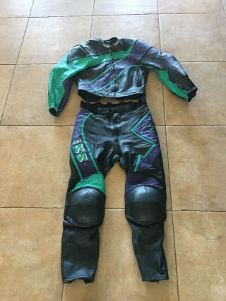 Ixs Vintage Leather Motorcycle Suit Size 52 Green Purple Black About Size 42 Us