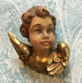 Antique Hand Carved Wood Angel Cherub Head Figure Italy Ornament Gold Vintage