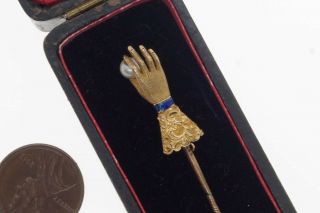 Antique 18k Gold Enamel & Pearl Hand Shaped Stickpin Boxed