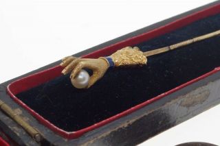 ANTIQUE 18K GOLD ENAMEL & PEARL HAND SHAPED STICKPIN BOXED 2