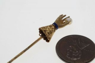 ANTIQUE 18K GOLD ENAMEL & PEARL HAND SHAPED STICKPIN BOXED 5