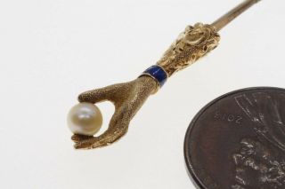 ANTIQUE 18K GOLD ENAMEL & PEARL HAND SHAPED STICKPIN BOXED 6